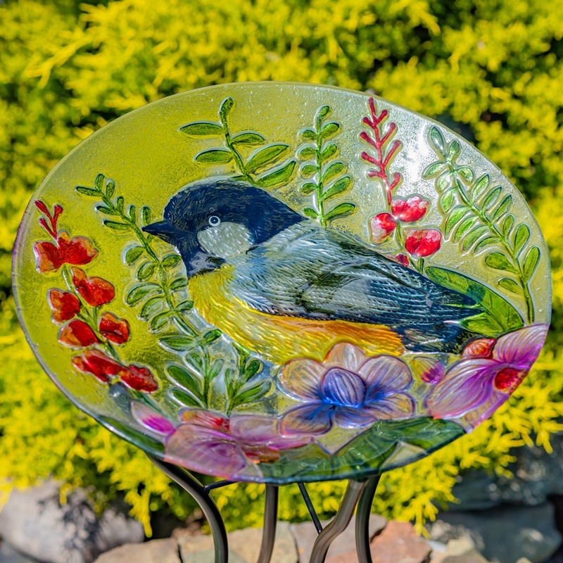 18" Glass Bowl Oriole Birdbath with Metal Stand "Baltimore" Item #: ZR180904