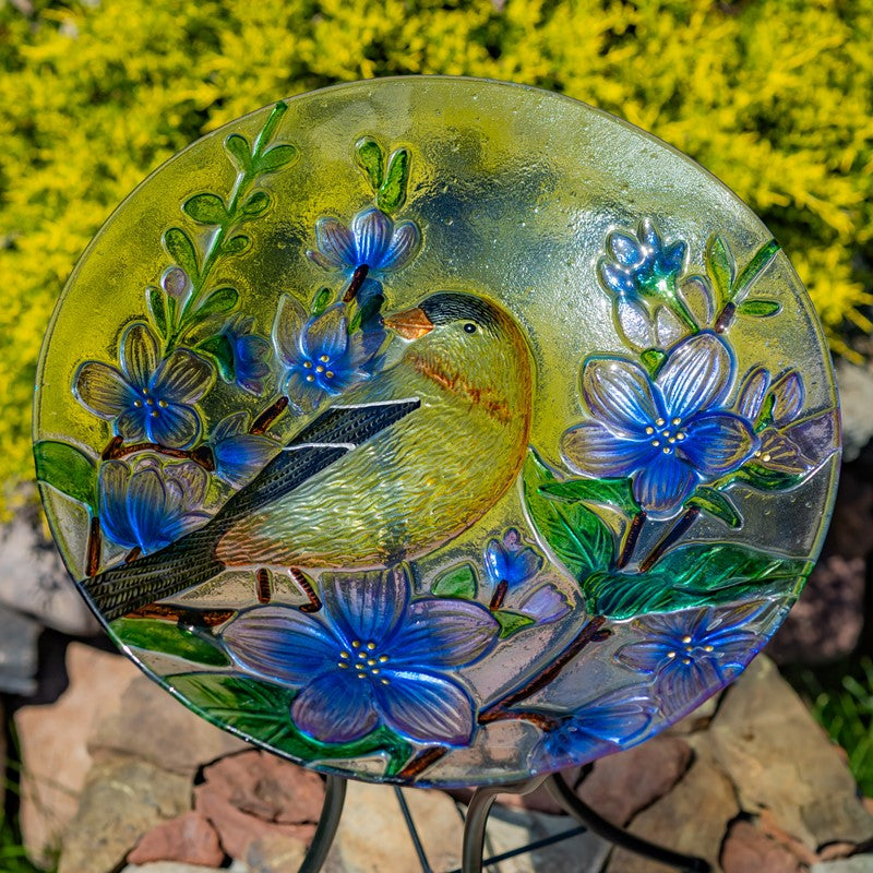 18" Glass Bowl Goldfinch Birdbath with Metal Stand "New Jersey" Item #: ZR180908