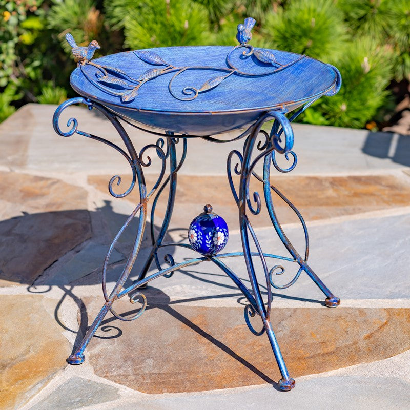 23" Tall Iron Birdbath with Bird Details & Porcelain Accent in Blue "Rome 1945" Item #: ZR180891-BL/ Bronze: Item # ZR180891-BZ/ Frosted green: Item # ZR180891-GR
