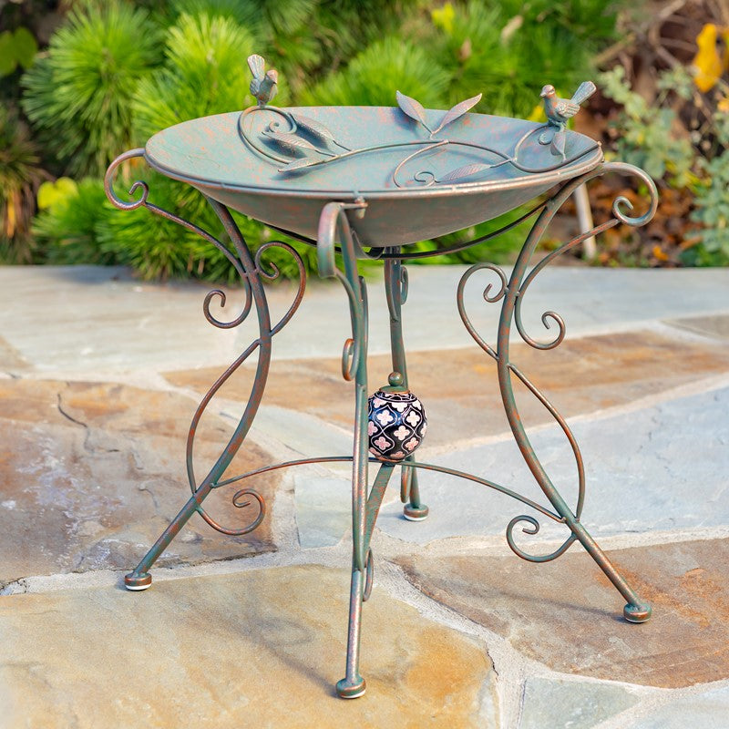 23" Tall Iron Birdbath with Bird Details & Porcelain Accent in Blue "Rome 1945" Item #: ZR180891-BL/ Bronze: Item # ZR180891-BZ/ Frosted green: Item # ZR180891-GR