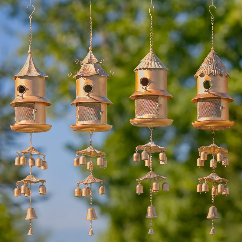 Set of 4 Asst Copper Hanging Birdhouse Feeder Wind Chimes "Homestead Collection" Item #: ZR235021-4-SET