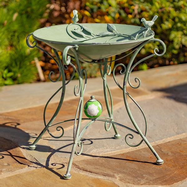 23" Tall Iron Birdbath with Bird Details & Porcelain Accent in Blue "Rome 1945" Item #: ZR180891-BL/ Bronze: Item # ZR180891-BZ/ Frosted green: Item # ZR180891-GR